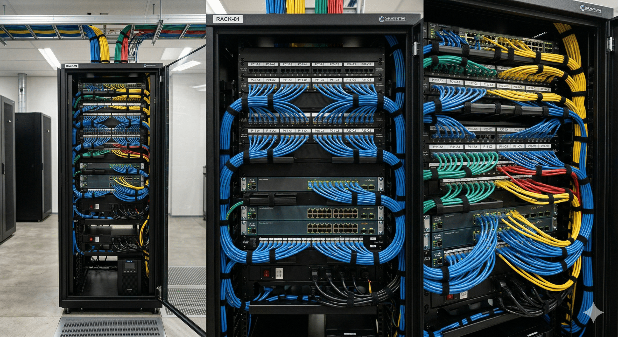 Infraestrutura profissional de cabeamento estruturado de rede em um rack de TI